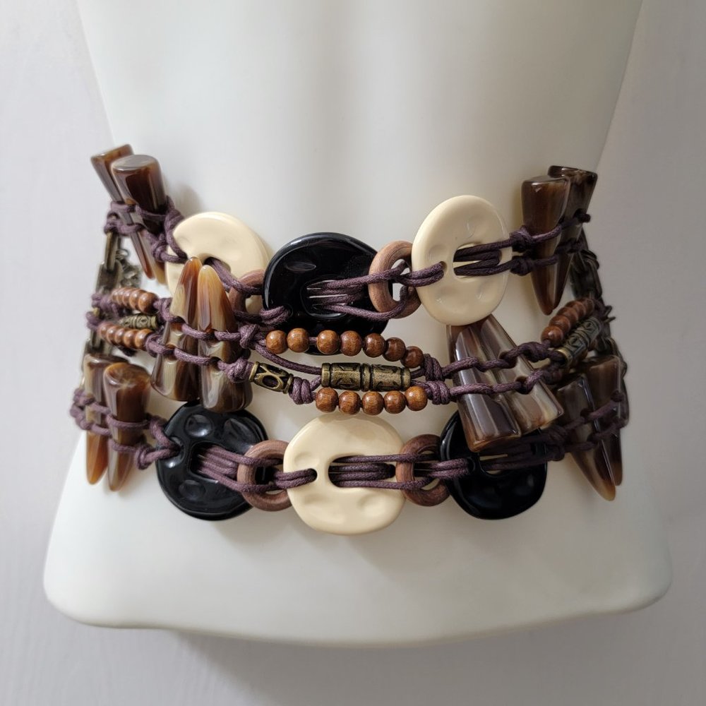 Chico's Tribal Three Strand Beaded Brass Tone Metal Chain Link Belt - Picture 3 of 7